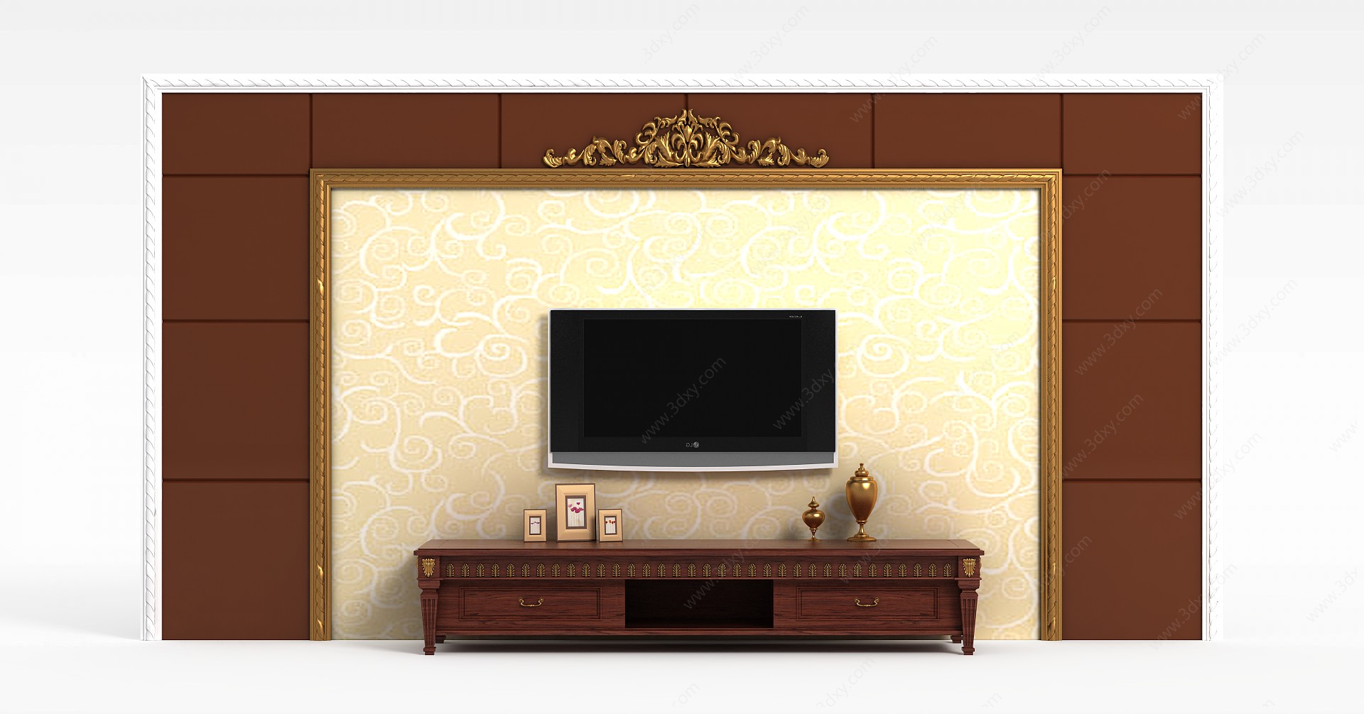 中式雕花电视柜背景墙3D模型
