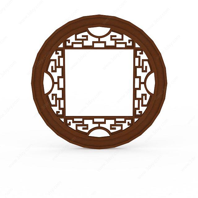 中式实木雕花圆形窗户3D模型
