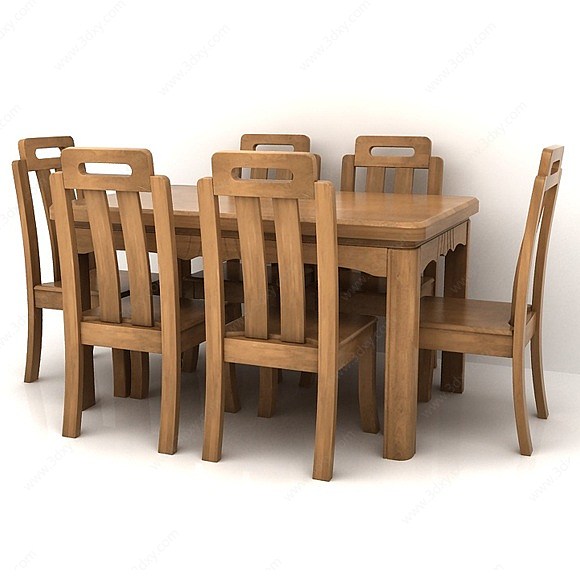 中式浅棕色实木餐桌餐椅3D模型
