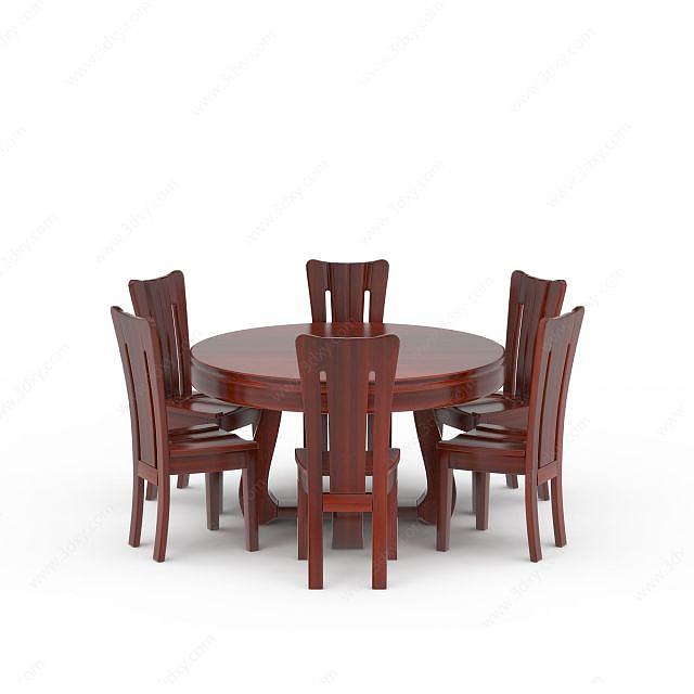 中式红木餐桌餐椅套装3D模型