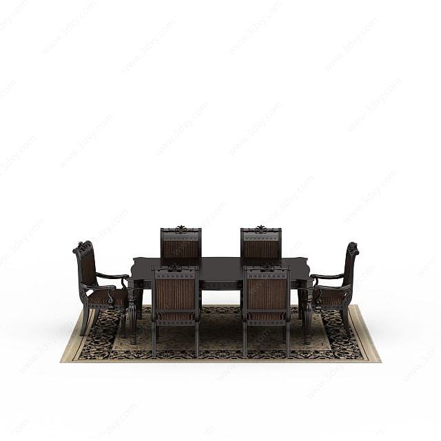 中式实木雕花餐桌餐椅组合3D模型