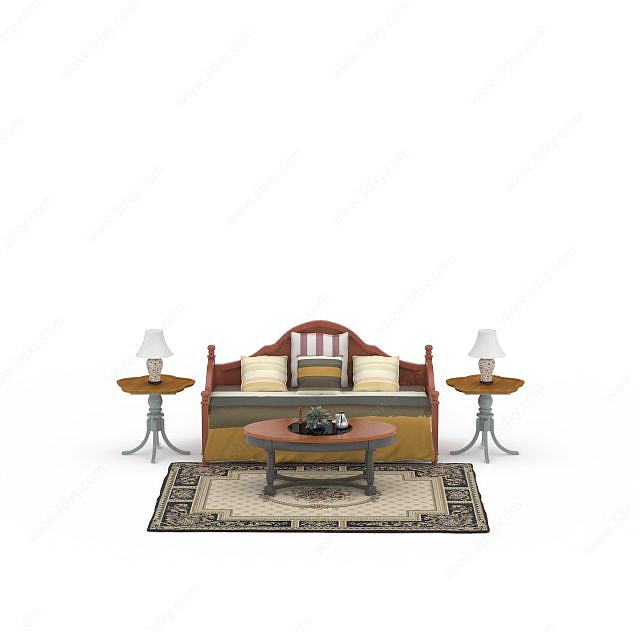 精品实木沙发床茶几套装3D模型