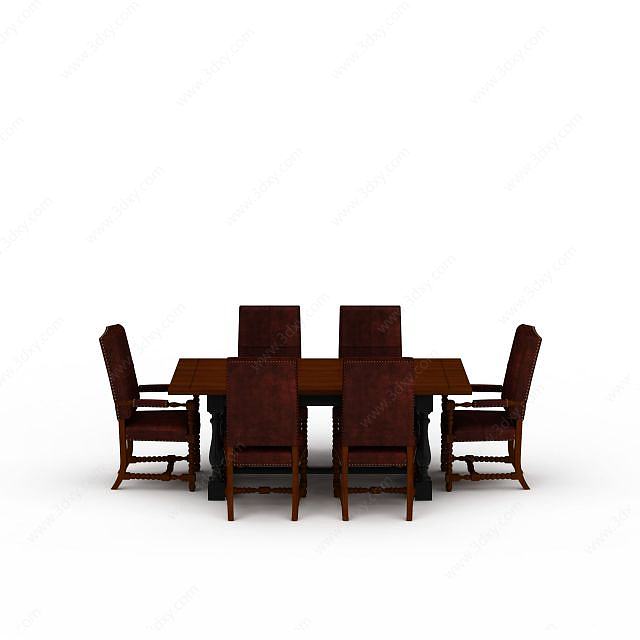 中式实木餐桌餐椅套装3D模型
