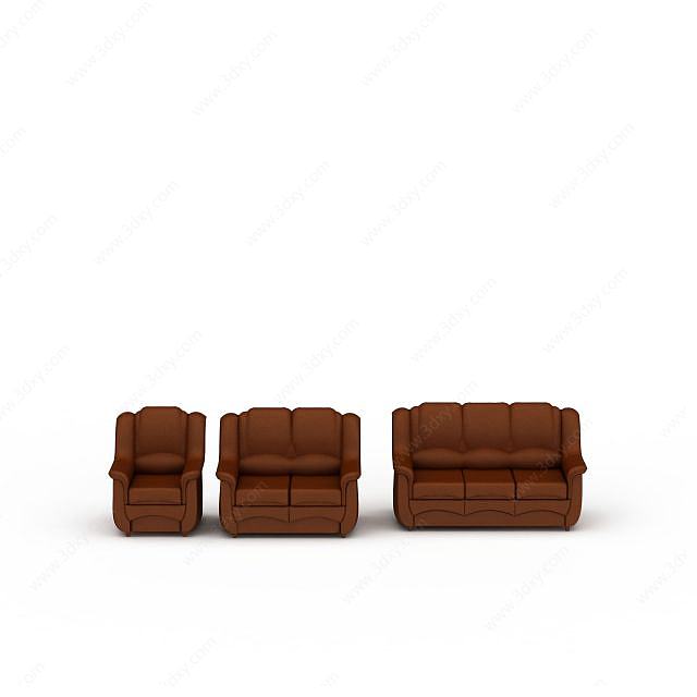 现代棕色真皮沙发套装3D模型