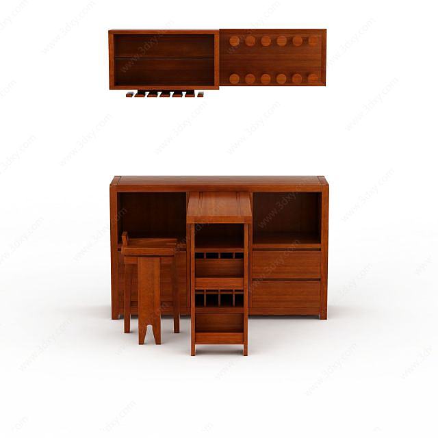 实木组合吧柜电脑桌3D模型