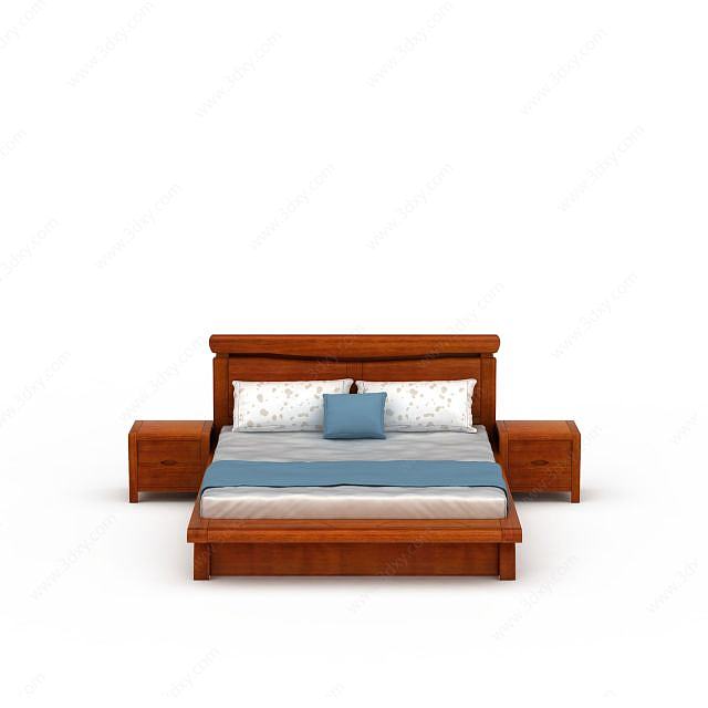 现代实木双人硬板床3D模型
