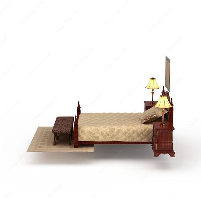 欧式实木双人床家具3D模型