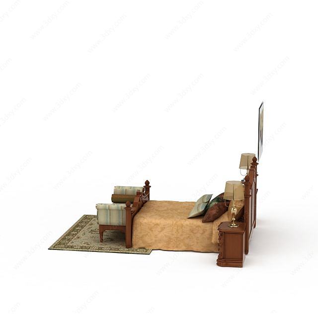 欧式实木双人床3D模型