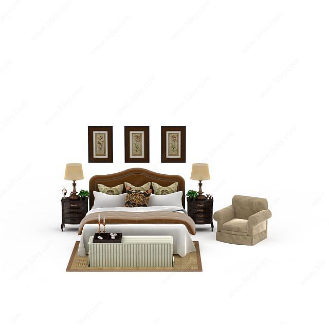 欧式卧室双人床3D模型