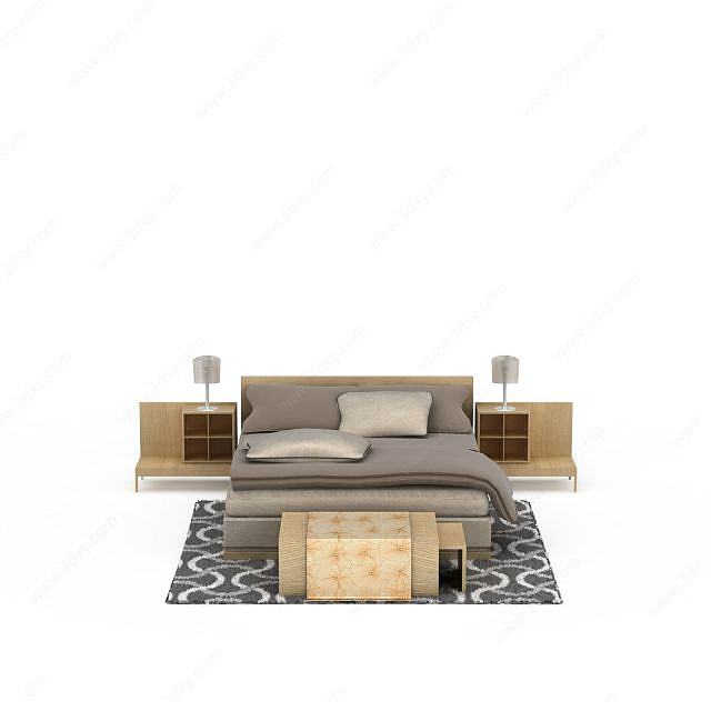 现代实木软靠双人床3D模型