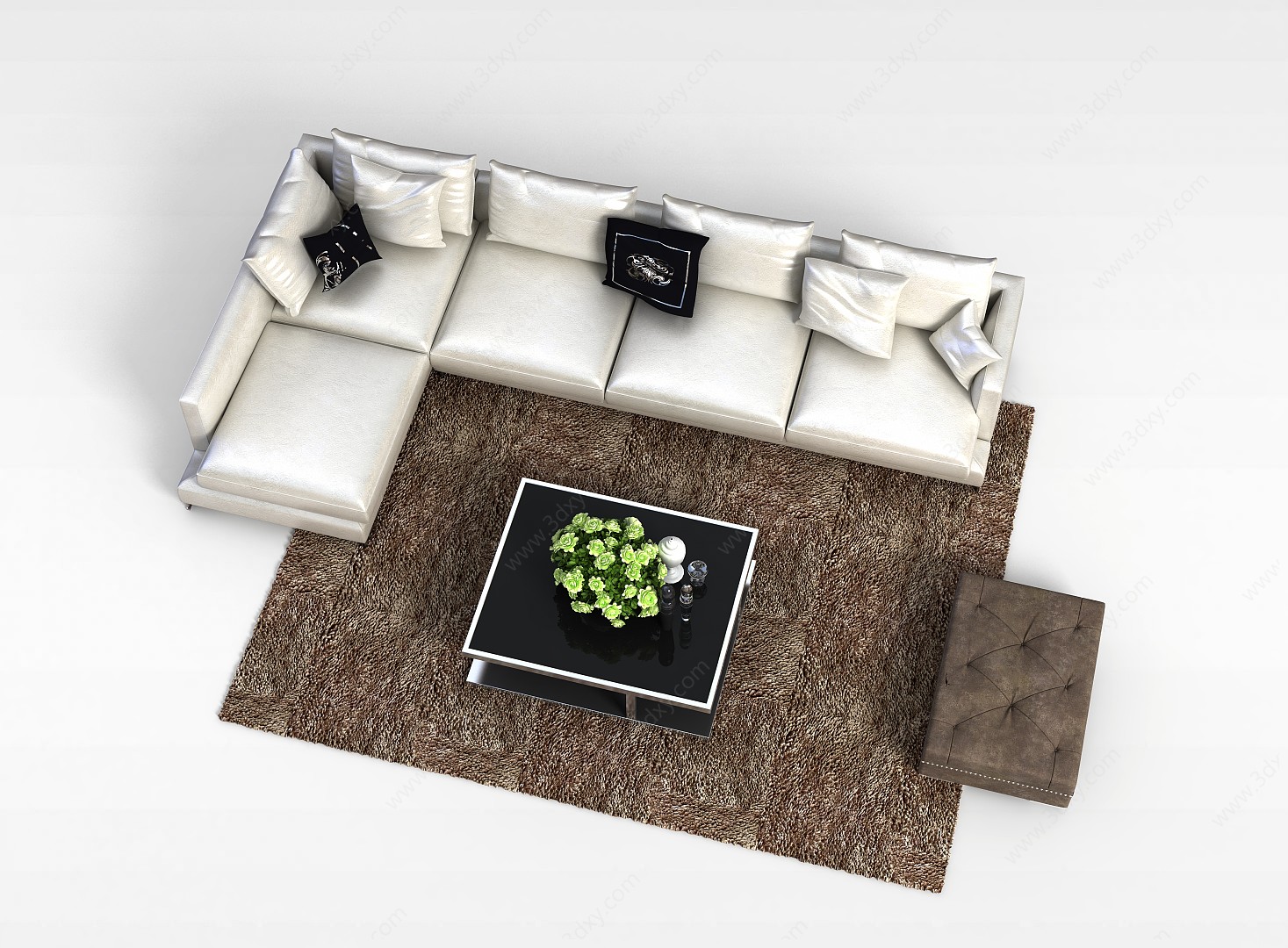 现代米白色光面布艺组合沙发3D模型