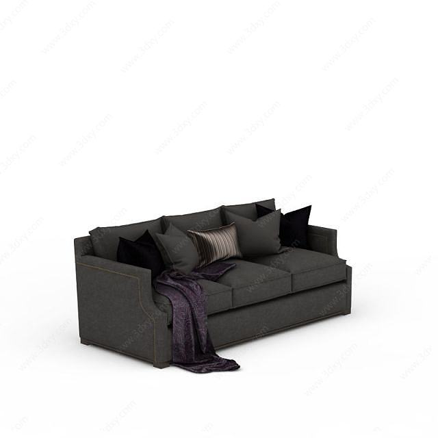 黑色布艺三人沙发3D模型