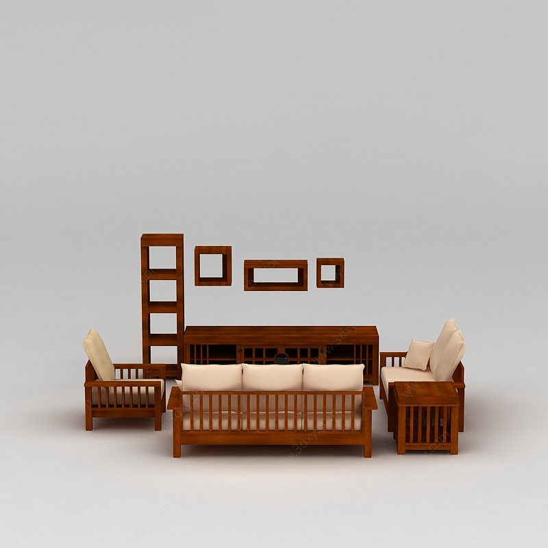 中式实木沙发电视柜组合3D模型