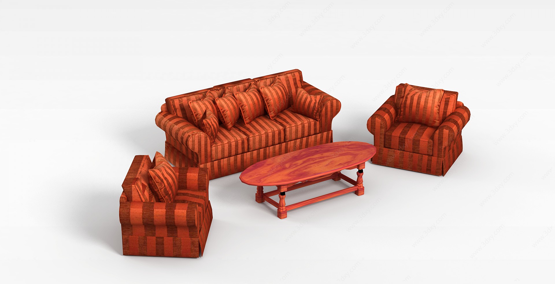 红色条纹布艺沙发茶几组合3D模型