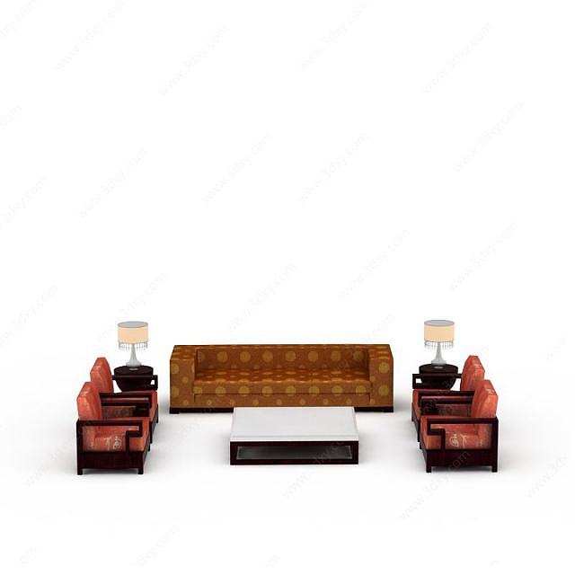 中式实木沙发组合3D模型