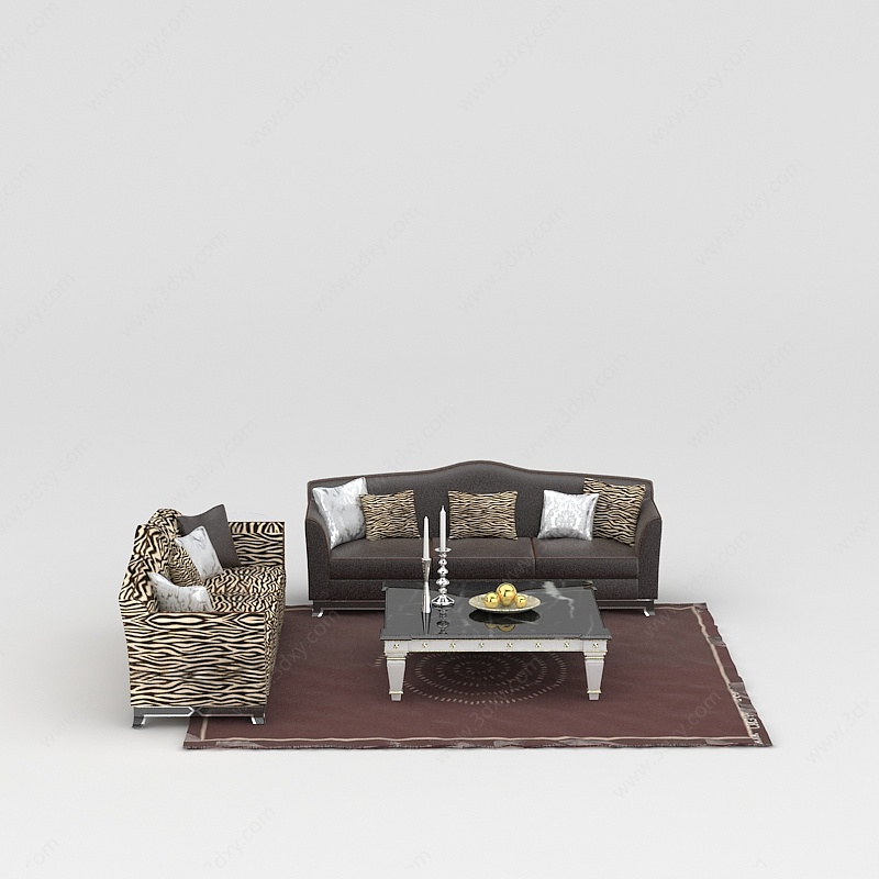 简欧豹纹皮质沙发茶几组合3D模型