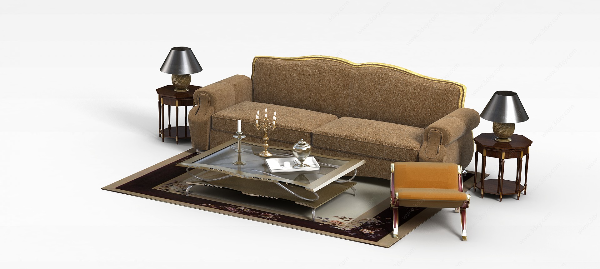美式布艺沙发茶几组合3D模型