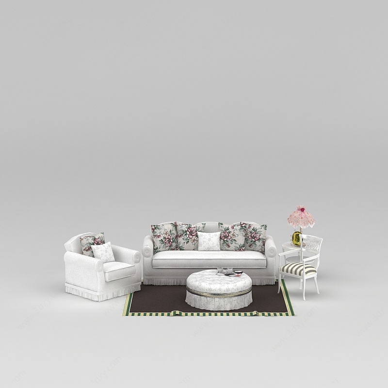 欧式印花布艺白色沙发套装3D模型