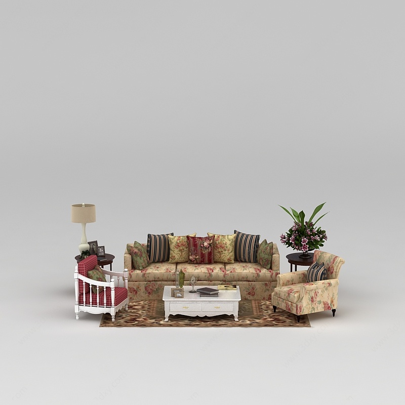 田园风格印花布艺组合沙发3D模型