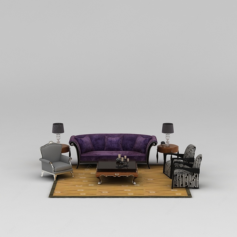 欧式紫色绒布沙发茶几组合3D模型