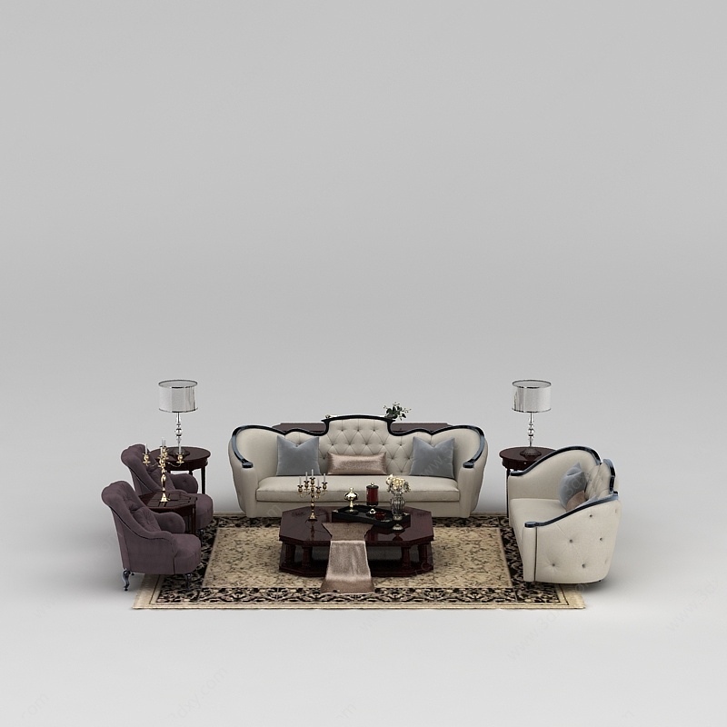 欧式米色软包沙发茶几组合3D模型