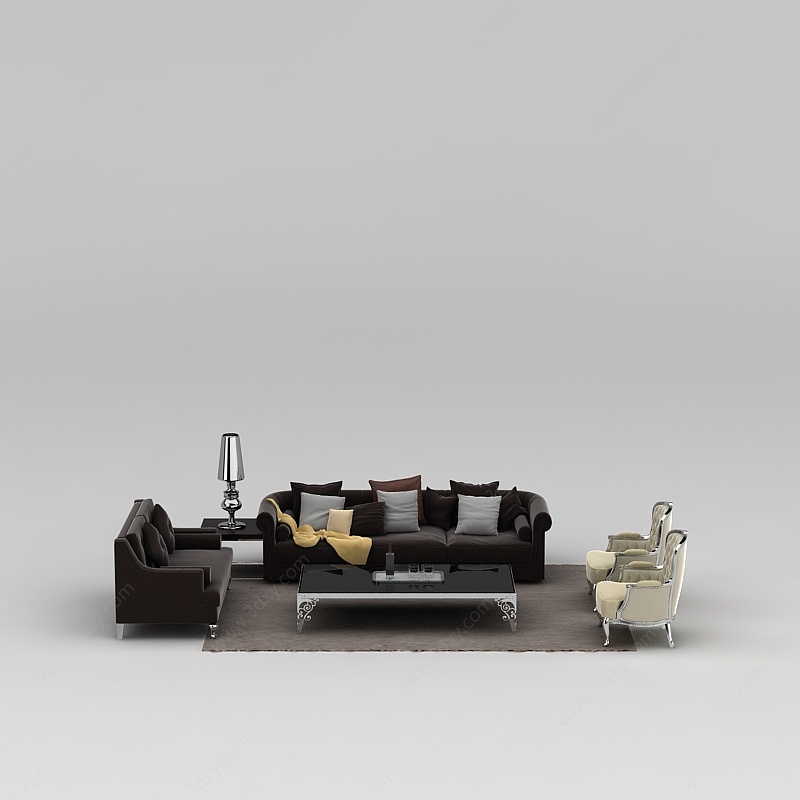 欧式绒布沙发茶几组合3D模型