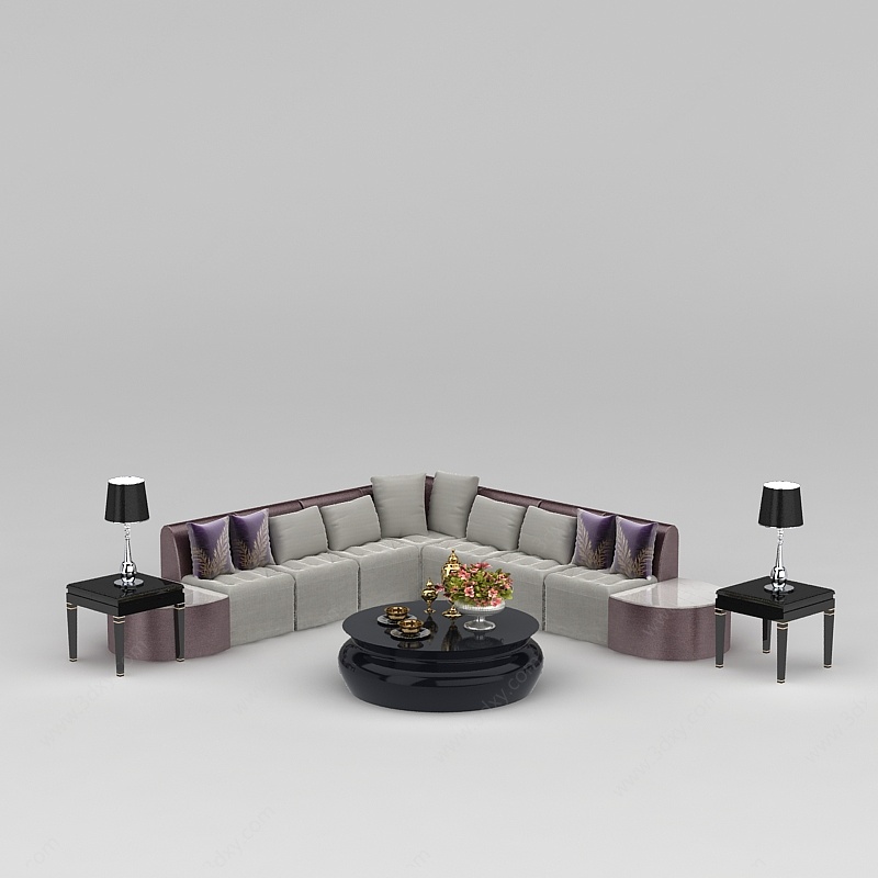 欧式紫色软包布艺组合沙发3D模型