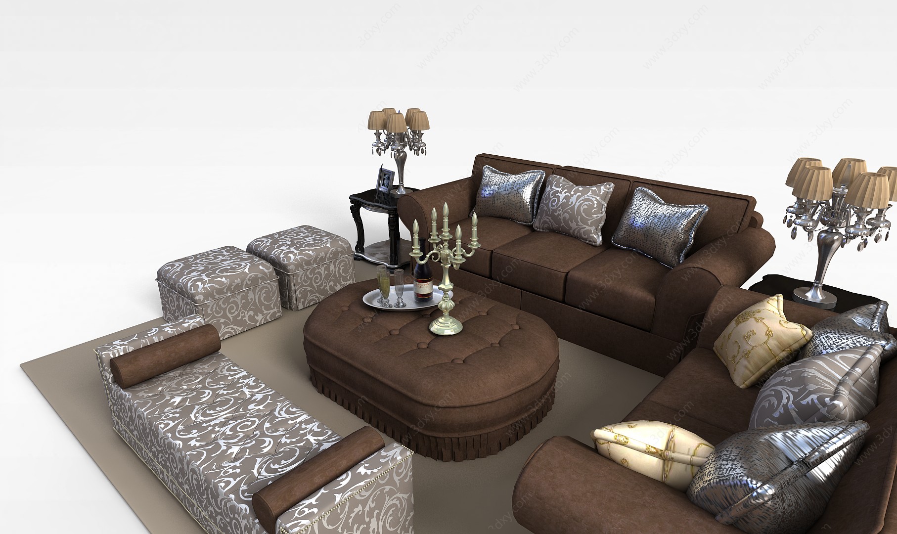 欧式咖啡色软包布艺组合沙发3D模型