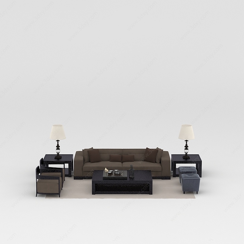 现代咖色布艺组合沙发3D模型