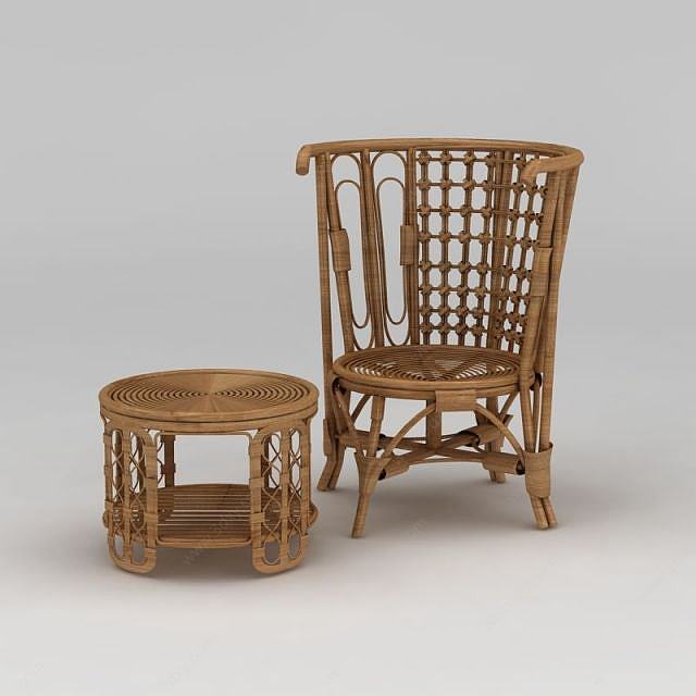 编织藤椅茶几组合3D模型