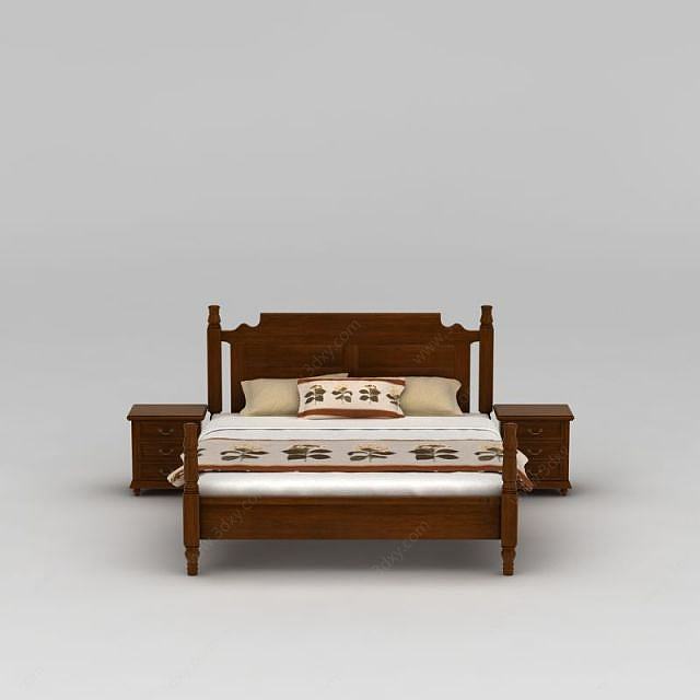 美式实木双人床3D模型