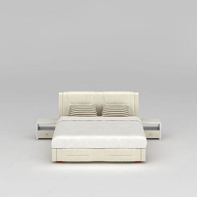 现代米白色实木双人床3D模型