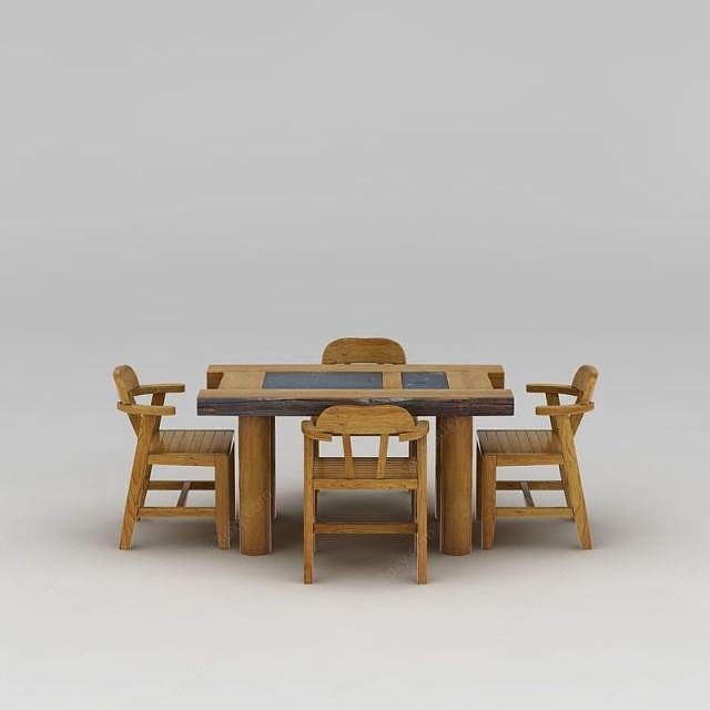 中式实木茶道桌椅套装3D模型