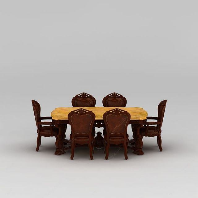 中式实木雕花餐桌餐椅组合3D模型