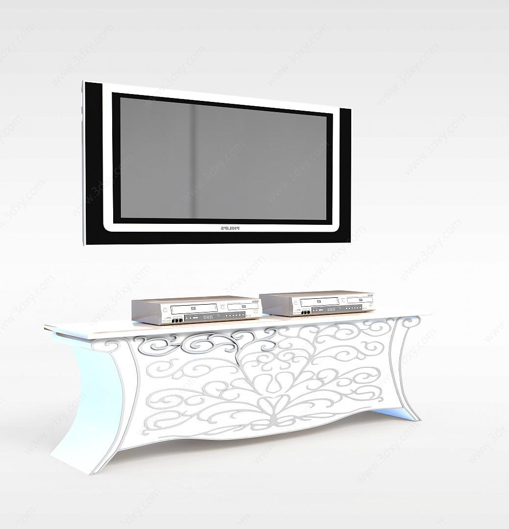 现代白色雕花电视柜3D模型