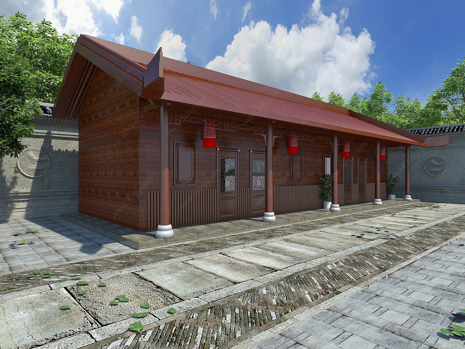 中式木屋围墙建筑3D模型