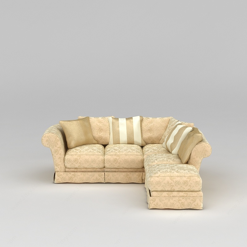 现代米色印花布艺转角沙发3D模型