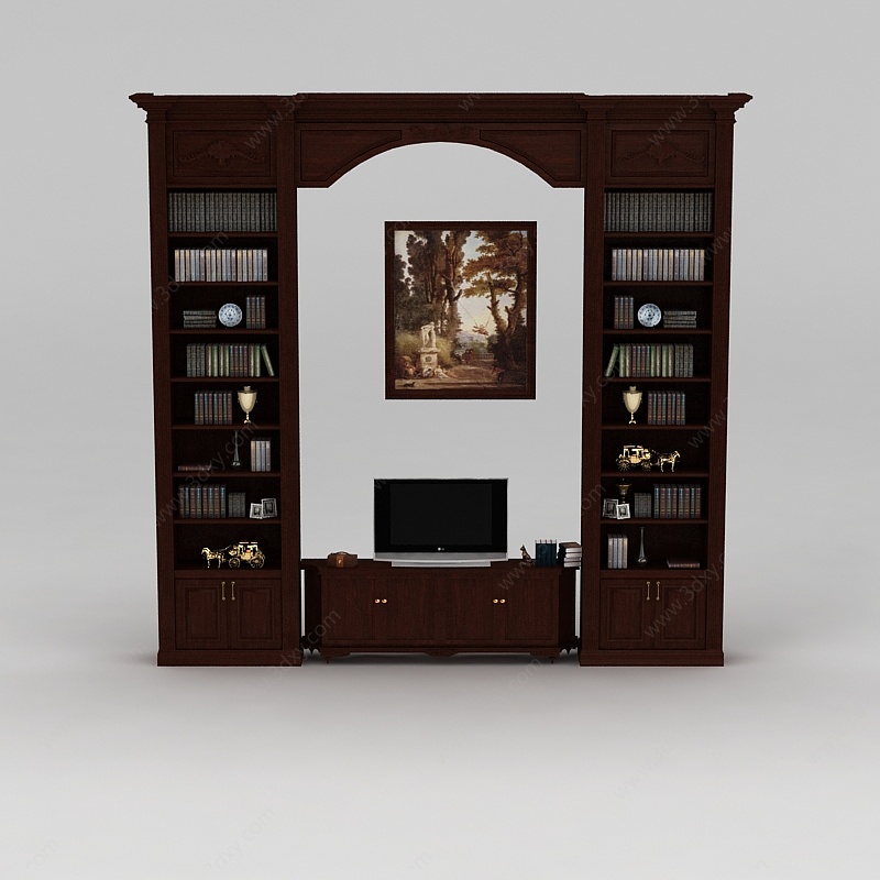 现代实木客厅电视柜书柜3D模型