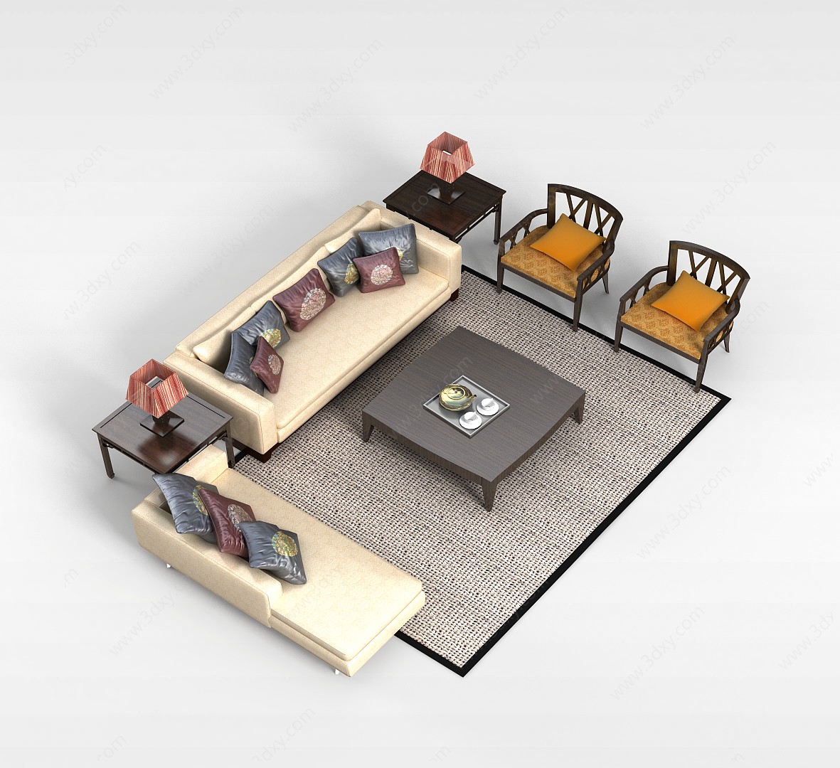 中式实木沙发茶几组合3D模型