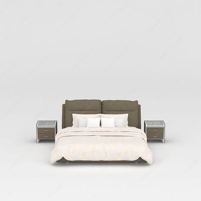 现代浅咖色布艺双人床3D模型