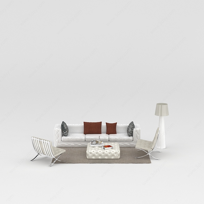 美式软包布艺休闲沙发茶几组合3D模型