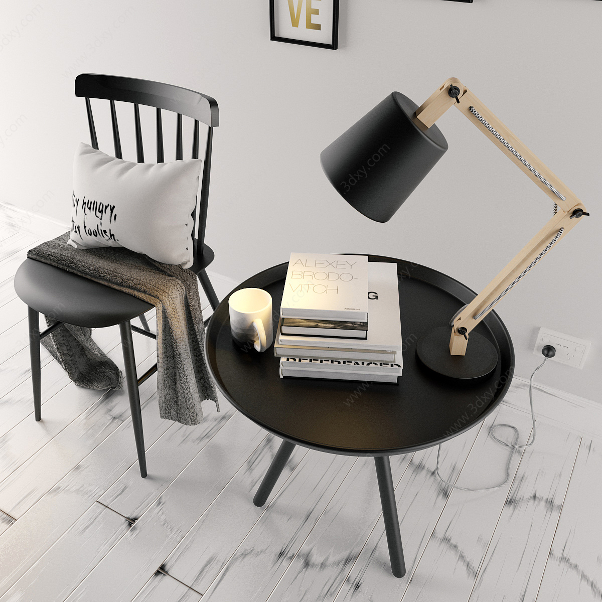 北欧黑色休闲椅圆几组合3D模型