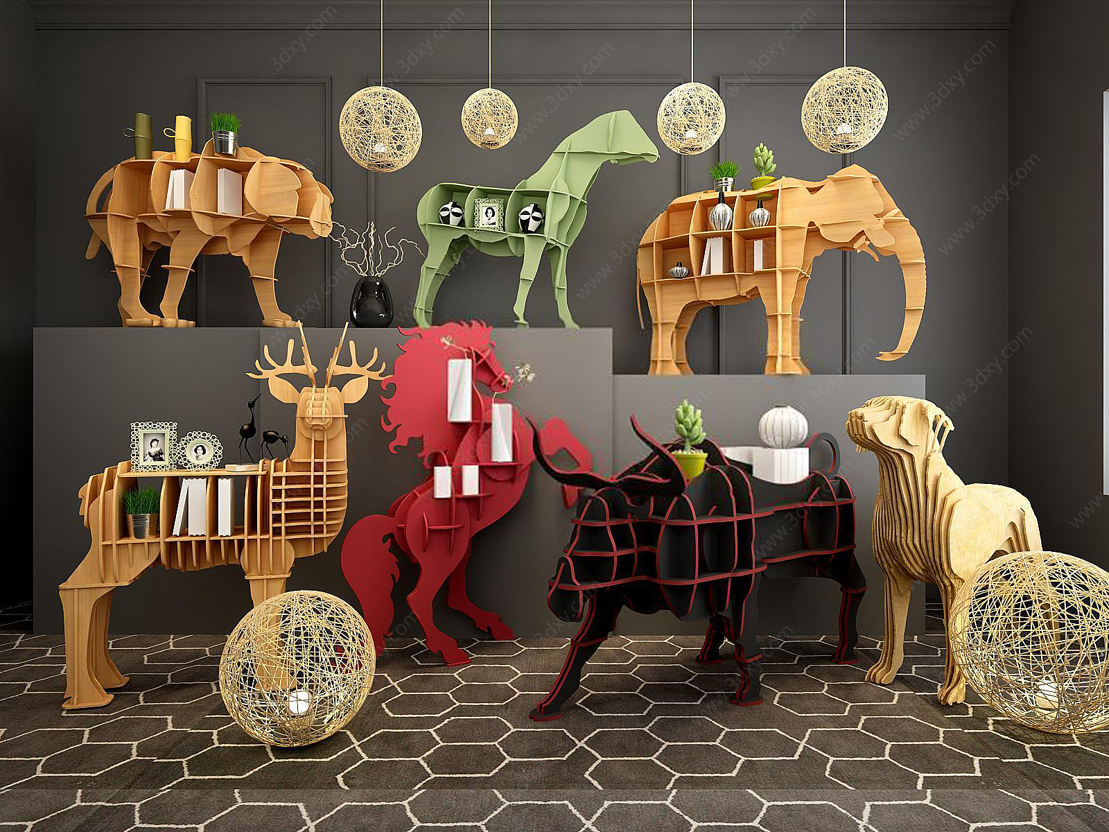 时尚动物造型实木书柜3D模型