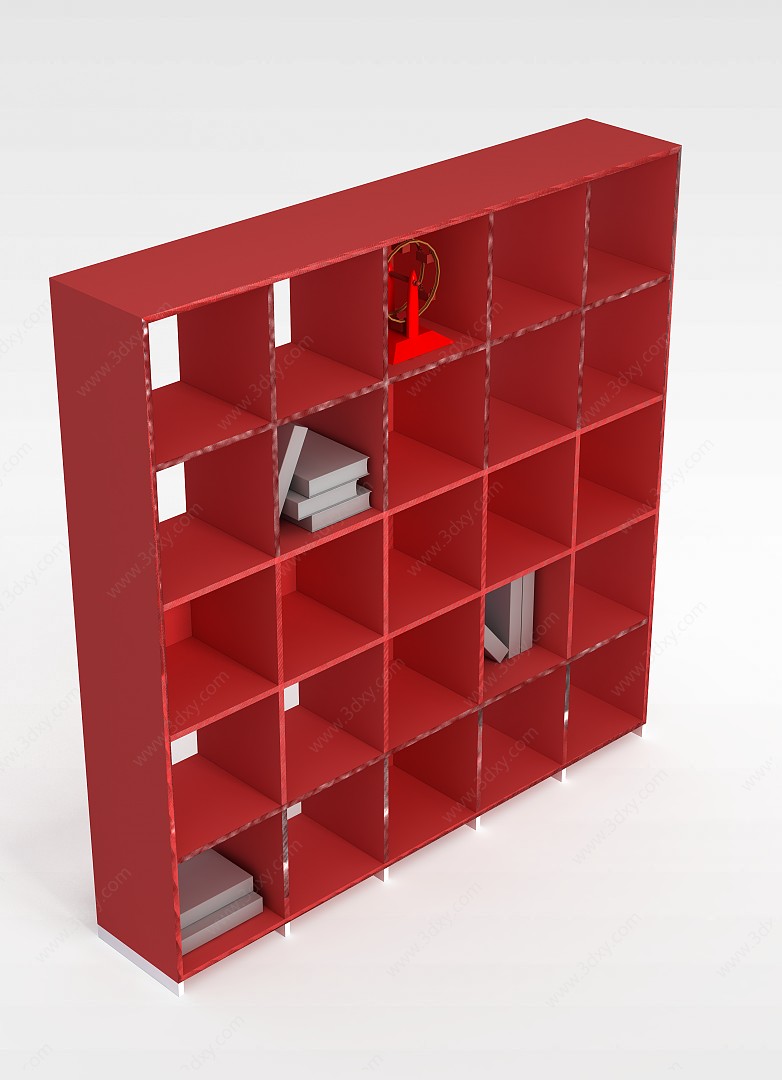现代红色实木书柜书架3D模型