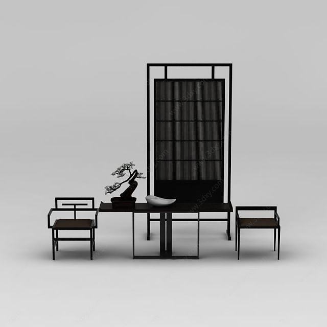 中式黑色实木桌椅组合3D模型