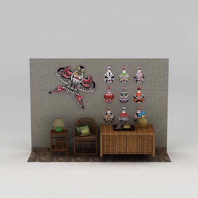 中式风筝脸谱椅子边柜组合3D模型