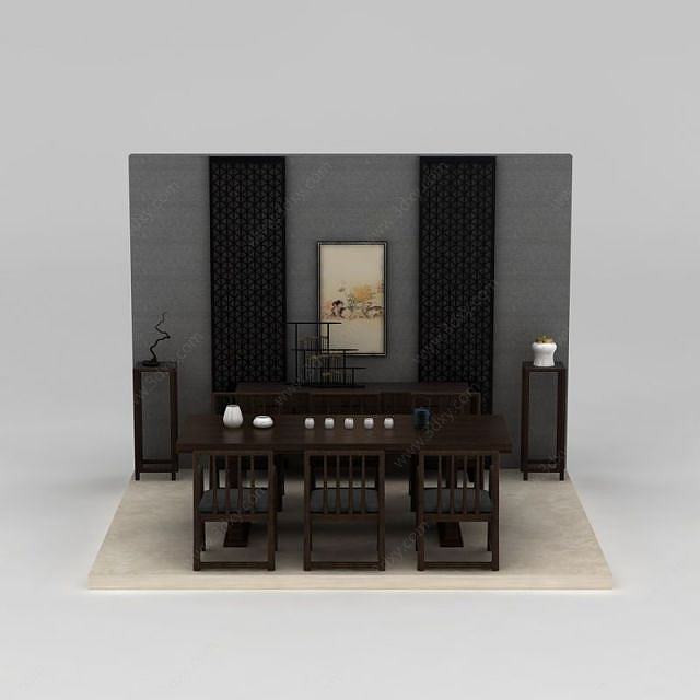 中式简约餐桌椅组合3D模型