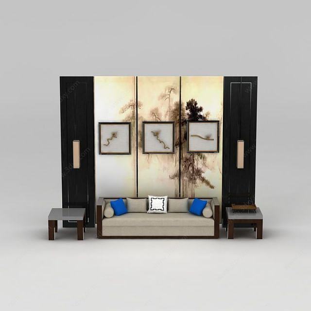 新中式沙发边几立体装饰画组合3D模型