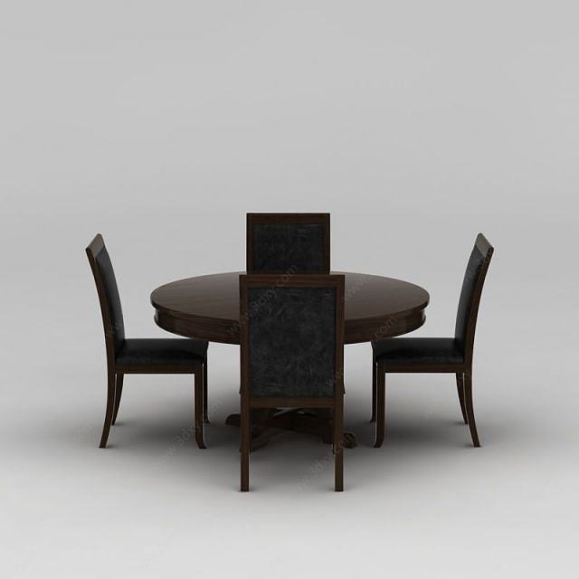 中式实木圆形餐桌椅子组合3D模型