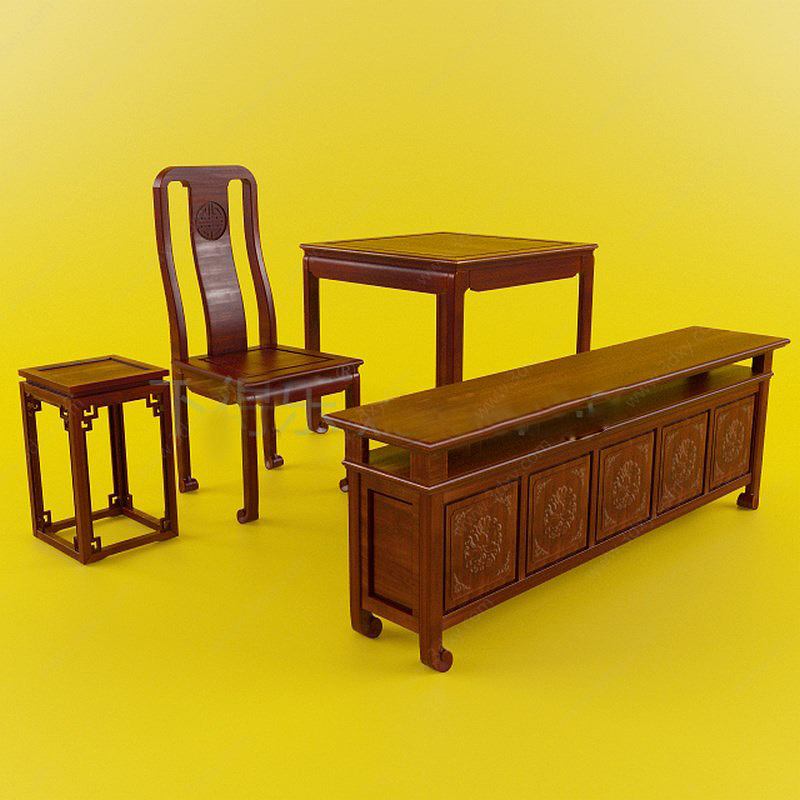 中式复古红木桌椅边柜组合3D模型